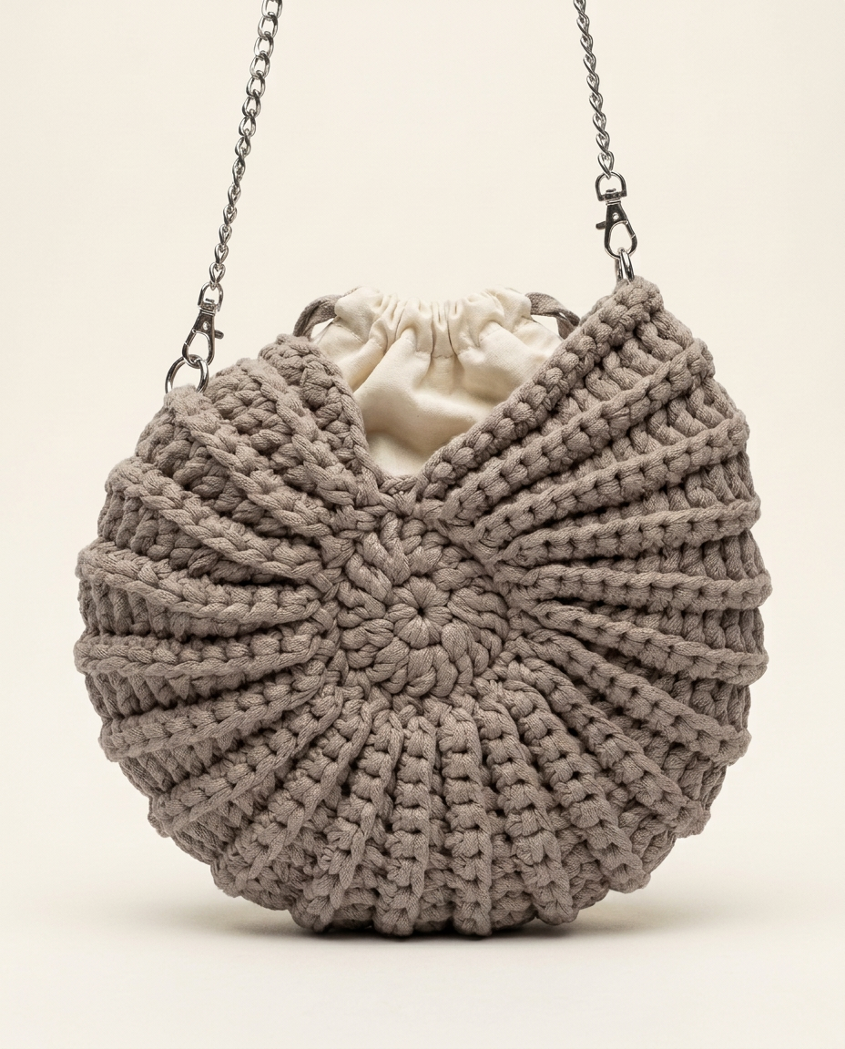 Seashell Bag — handvirkad väska i Bomull · Silverkedja från Noal Atelier