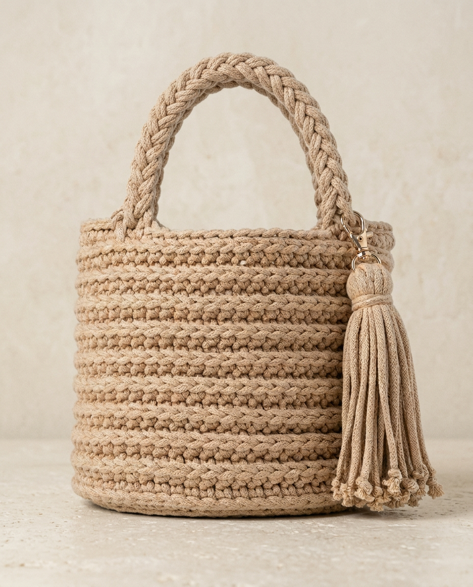 Beige Bucket Bag — handvirkad väska i Macrame · Bomull från Noal Atelier