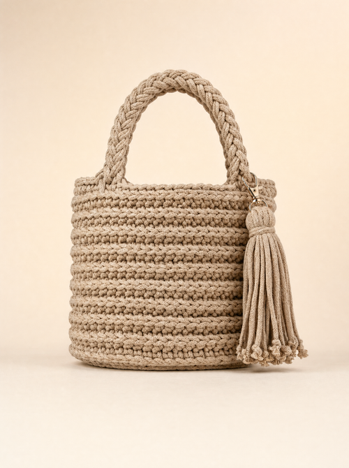Beige handvirkad Bucket-väska med flätat handtag och lång tofs på varm studiobakgrund.